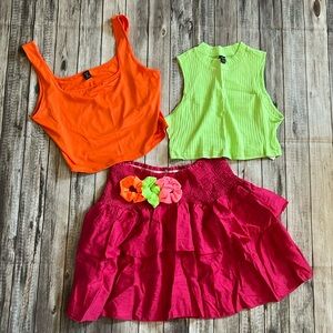 80’s Costume set with neon colors XL tiered skirt and two crop tops scrunchies